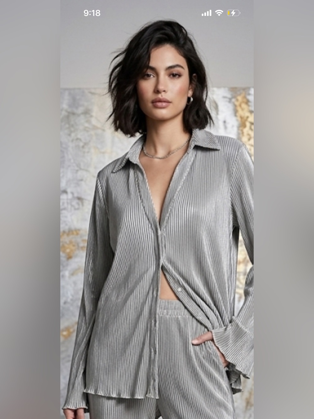 Fore Pleated Metallic Silver Button-Down Shirt